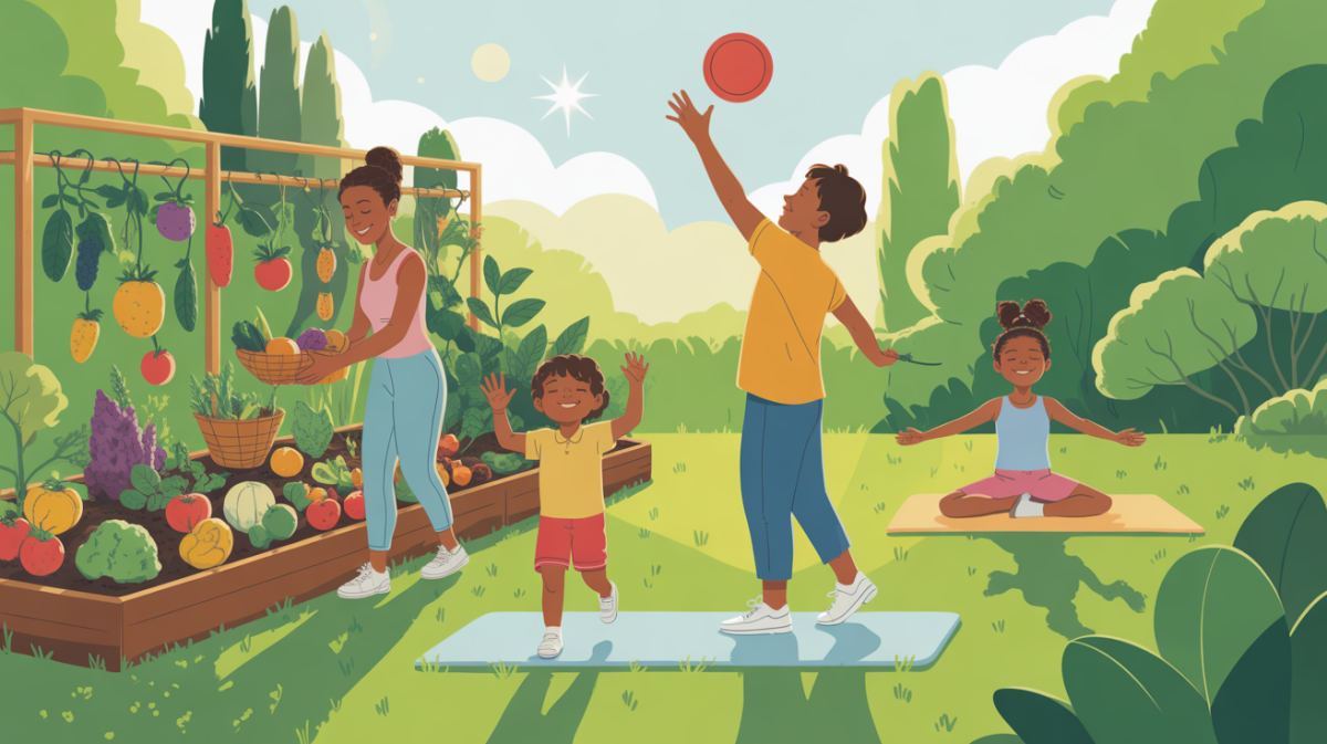 Illustration of a family engaging in various healthy lifestyle activities such as eating fresh fruits and vegetables, participating in outdoor sports, practicing yoga, and establishing sleep routines.